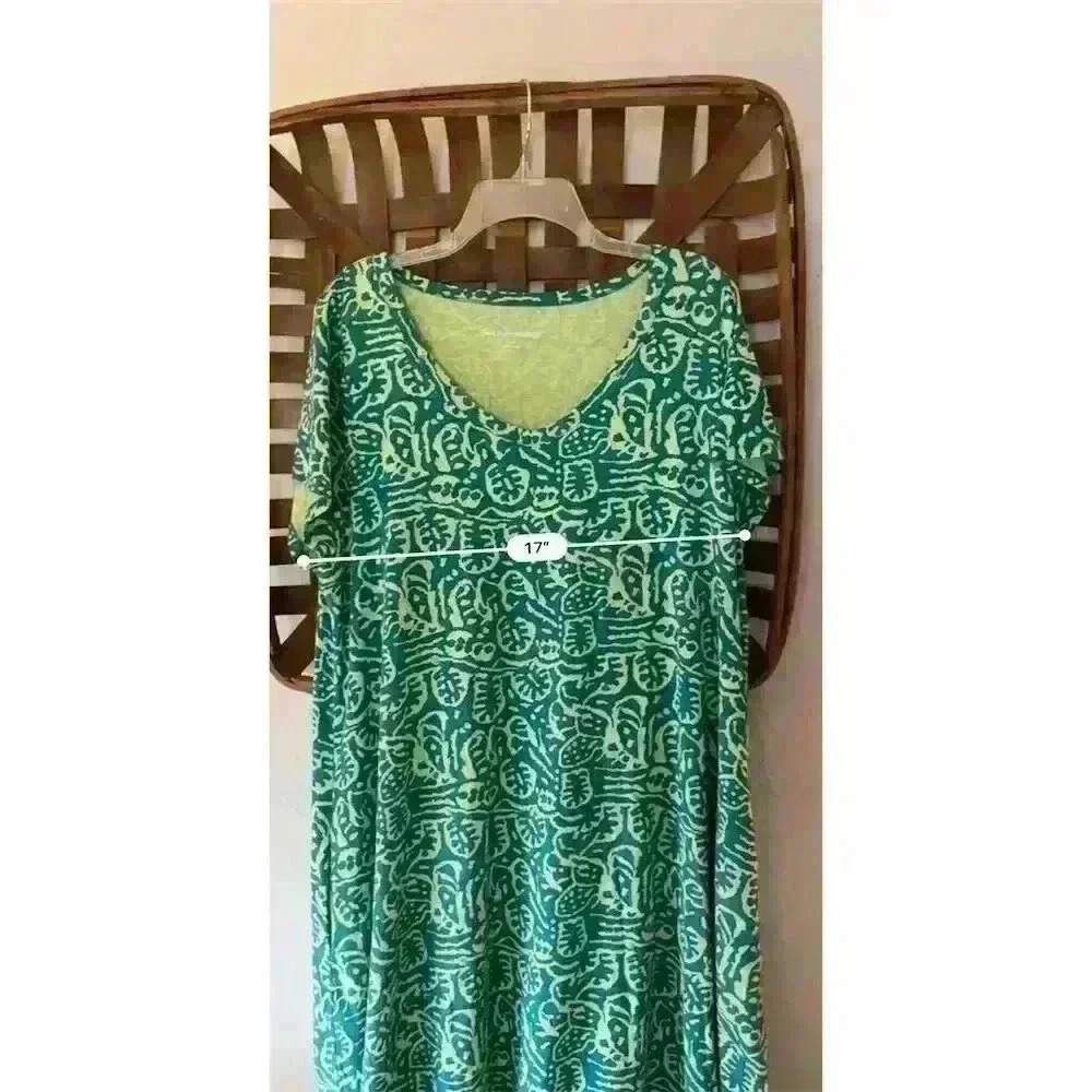 Soft Surroundings Women's 1X Green Palm Leaf Print Dress w/ Pockets - Picture 7 of 10